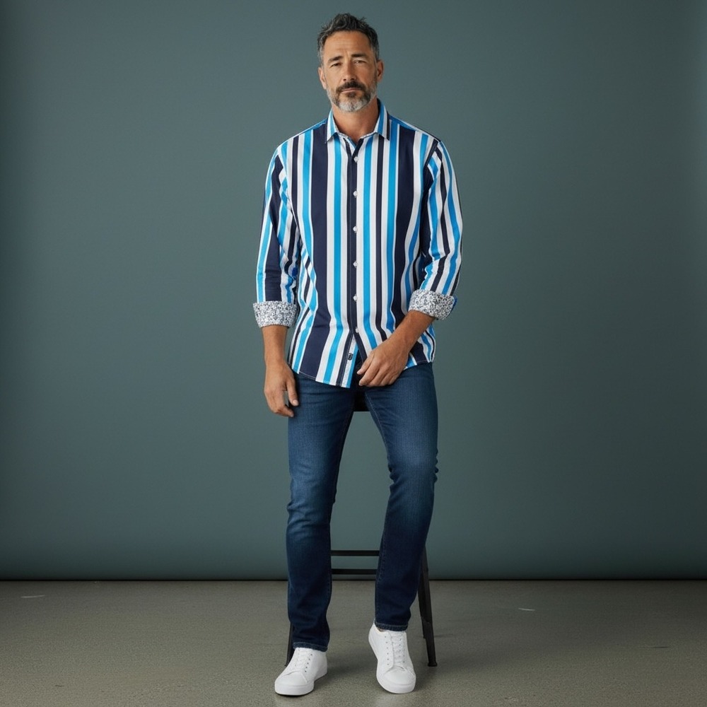Robert Graham Men's Striped Roll Cuff Embroidered Button Up Shirt Blue Black XS